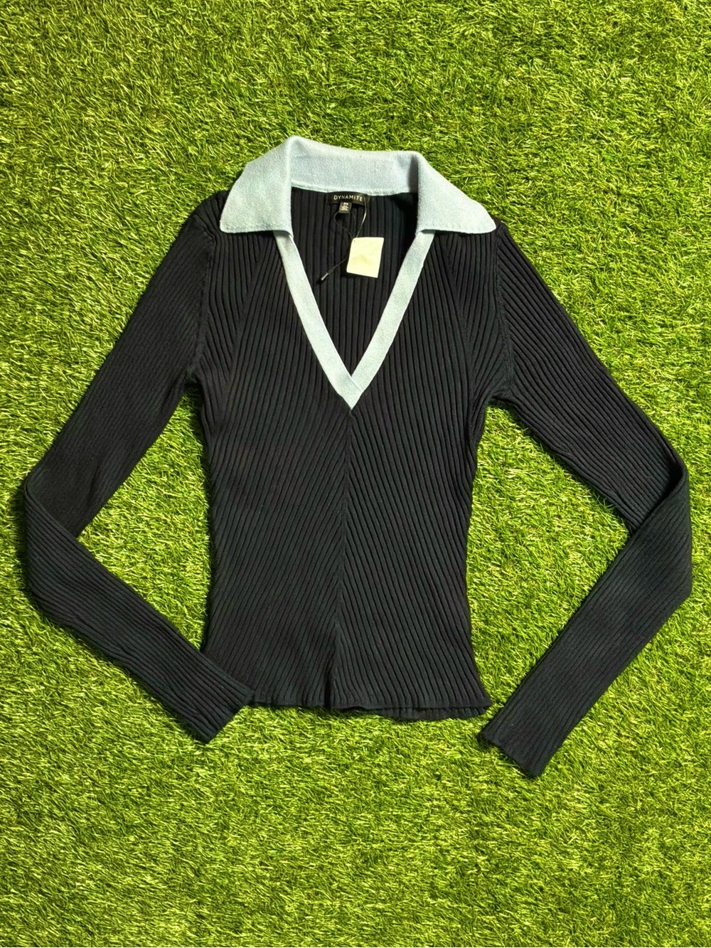 Dynamite Navy Ribbed Collared Long Sleeve Sweater Small
